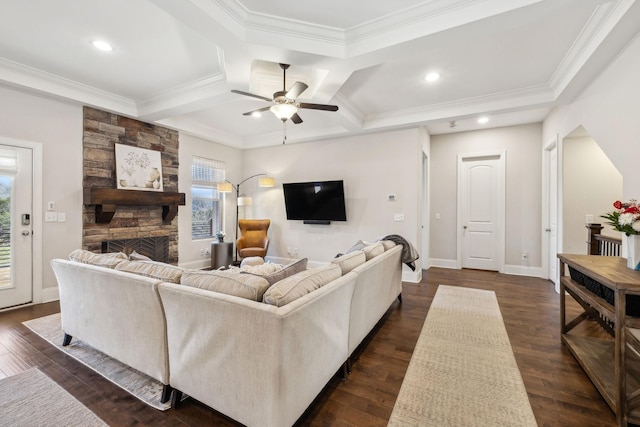 living area featuring dark wood-style floors, a fireplace, coffered ceiling, and baseboards