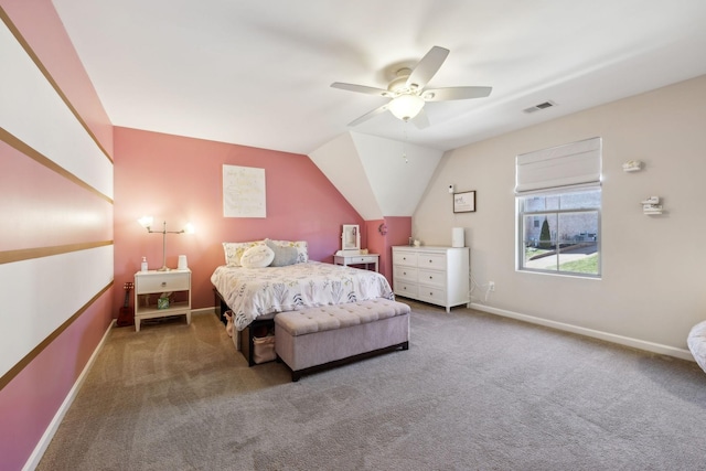 carpeted bedroom with lofted ceiling, a ceiling fan, visible vents, and baseboards