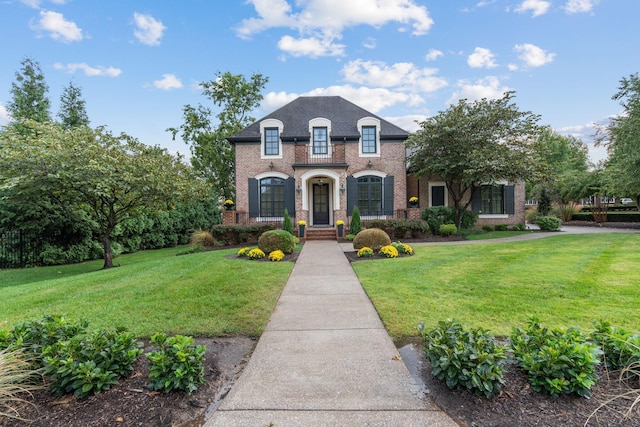 french provincial home with a front lawn and brick siding