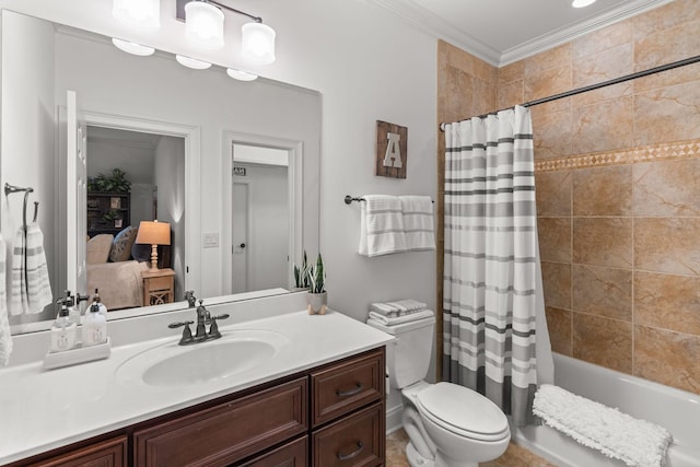 full bathroom with shower / bath combo, vanity, toilet, and crown molding