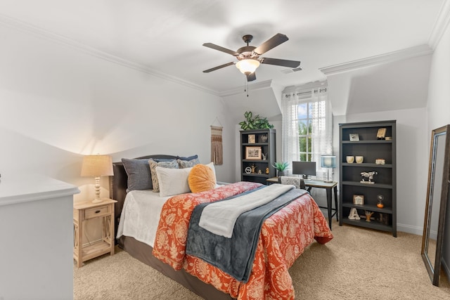 bedroom featuring baseboards, visible vents, a ceiling fan, crown molding, and carpet flooring