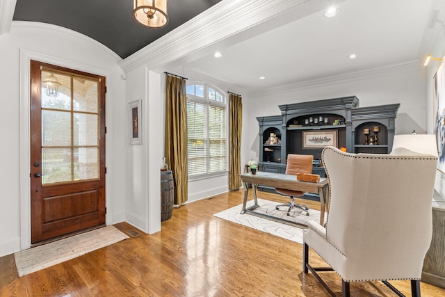 office with baseboards, ornamental molding, wood finished floors, and recessed lighting