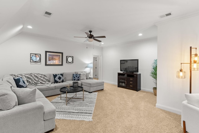 carpeted living room with ornamental molding, recessed lighting, visible vents, and baseboards