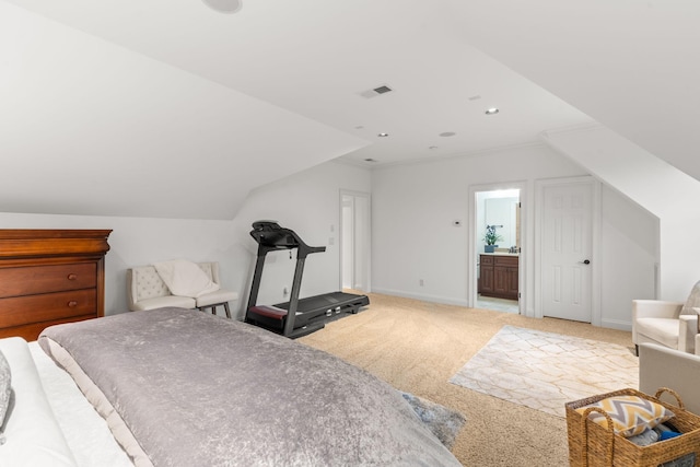 bedroom featuring lofted ceiling, recessed lighting, light colored carpet, visible vents, and baseboards