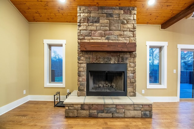 details with wooden ceiling, a fireplace, baseboards, and wood finished floors