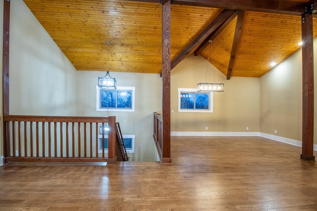 interior space with wood ceiling, lofted ceiling with beams, baseboards, and wood finished floors