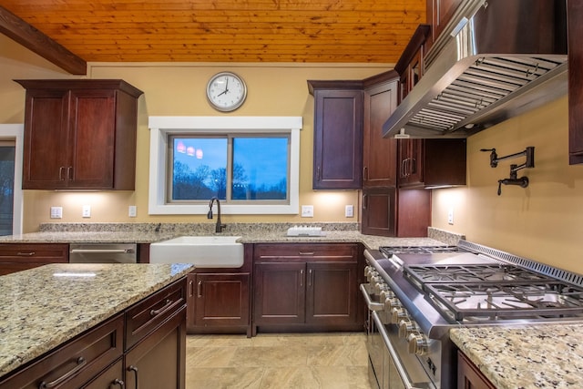 kitchen with wooden ceiling, light stone countertops, stainless steel appliances, a sink, and exhaust hood