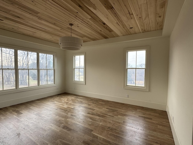 spare room with wooden ceiling, baseboards, and wood finished floors