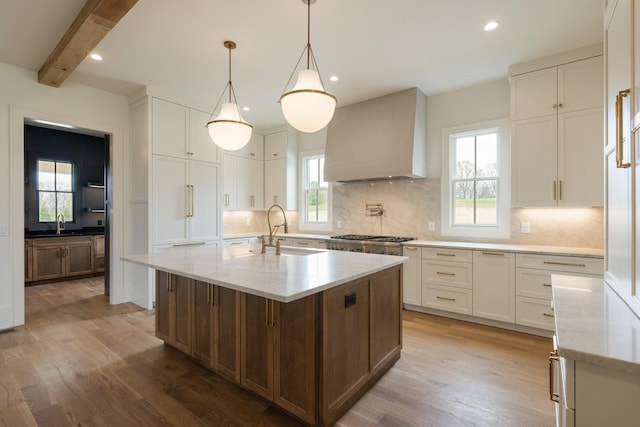 kitchen featuring custom range hood, white cabinets, a sink, and wood finished floors