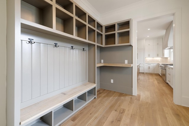 mudroom with ornamental molding and light wood-type flooring