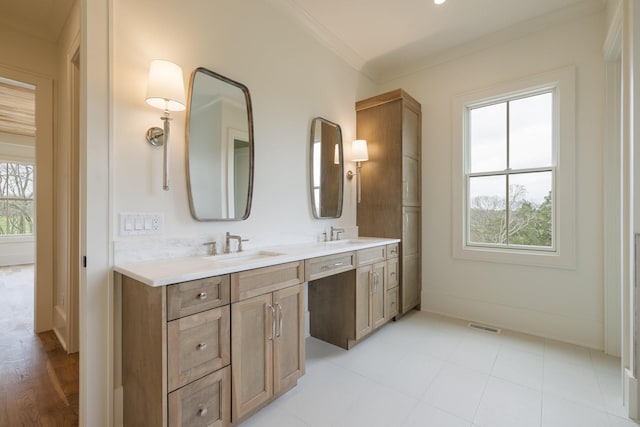 bathroom with double vanity, ornamental molding, a sink, and visible vents