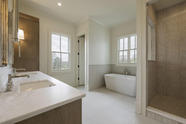 bathroom featuring crown molding, a sink, a healthy amount of sunlight, and wainscoting