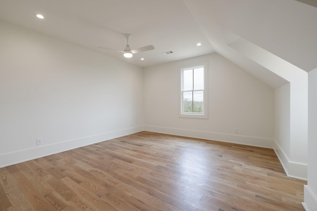 bonus room featuring visible vents, baseboards, recessed lighting, a ceiling fan, and light wood-type flooring