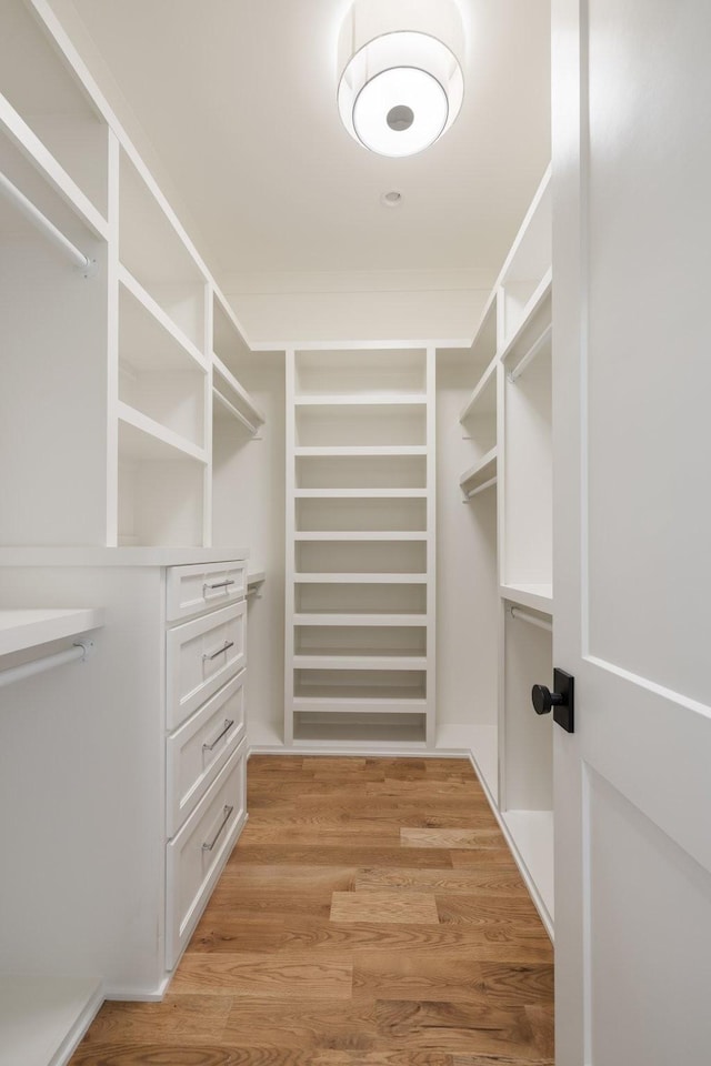walk in closet with light wood finished floors