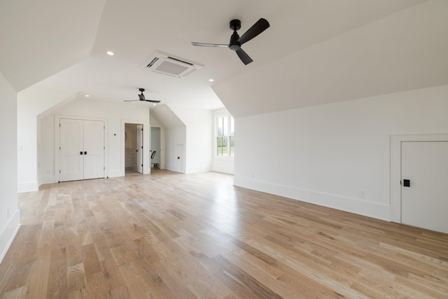 bonus room with lofted ceiling, light wood-type flooring, baseboards, ceiling fan, and recessed lighting