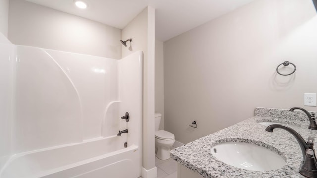 full bathroom with toilet, double vanity, a sink, and bathing tub / shower combination