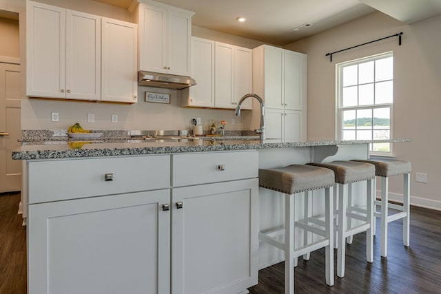 kitchen featuring light stone counters, under cabinet range hood, dark wood-type flooring, white cabinetry, and baseboards