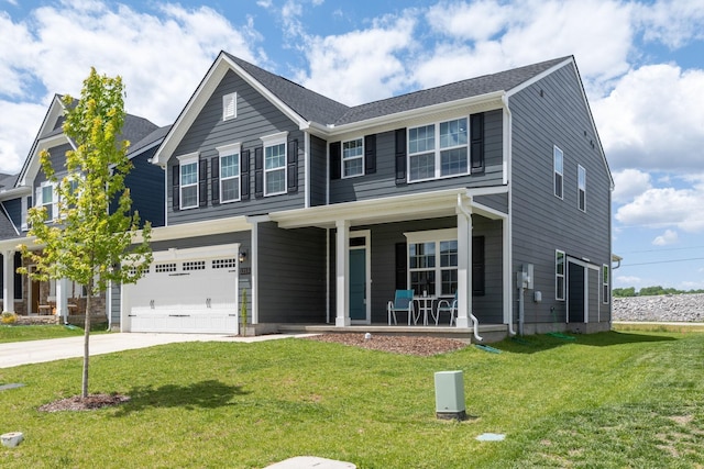 view of front of home with covered porch, driveway, and a front lawn