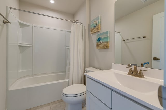 bathroom with visible vents, toilet, shower / bathtub combination with curtain, tile patterned flooring, and vanity