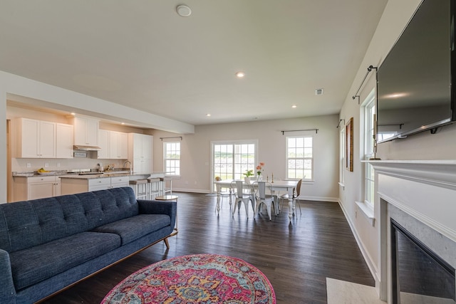 living room with a premium fireplace, baseboards, dark wood finished floors, and recessed lighting