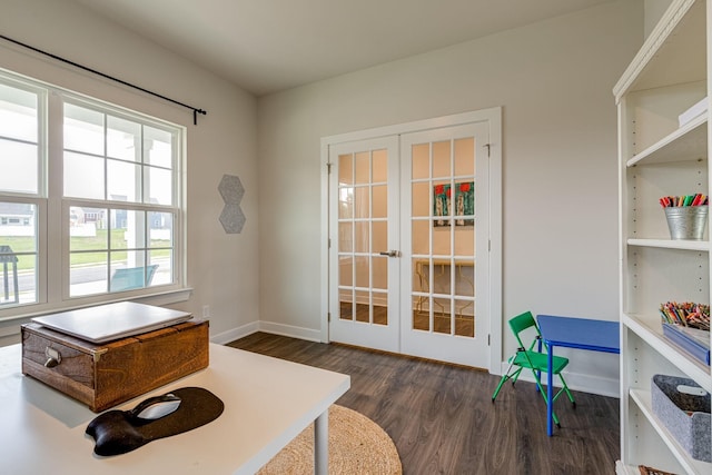 entryway featuring baseboards, dark wood-type flooring, and french doors