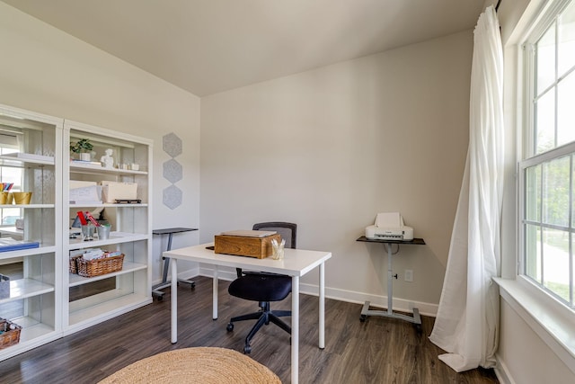 office space with dark wood-style floors and baseboards