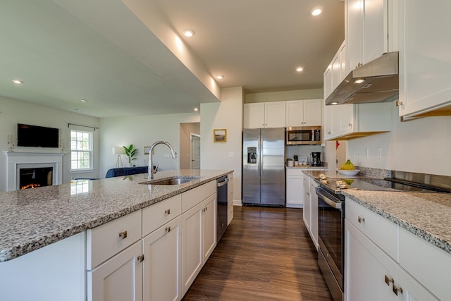 kitchen featuring a warm lit fireplace, under cabinet range hood, a sink, appliances with stainless steel finishes, and dark wood-style floors