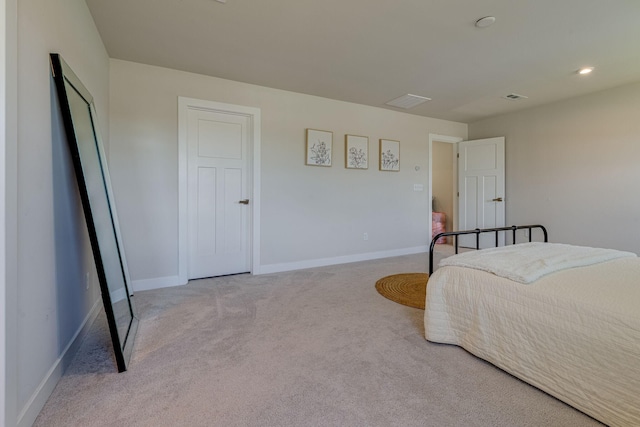 bedroom with recessed lighting, light carpet, visible vents, and baseboards