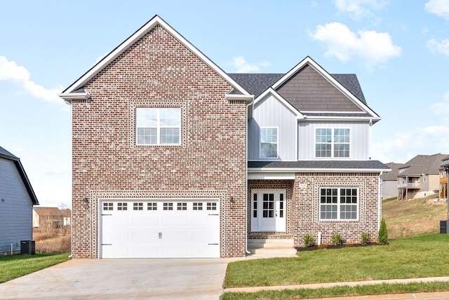 traditional-style home featuring an attached garage, brick siding, concrete driveway, a front lawn, and board and batten siding