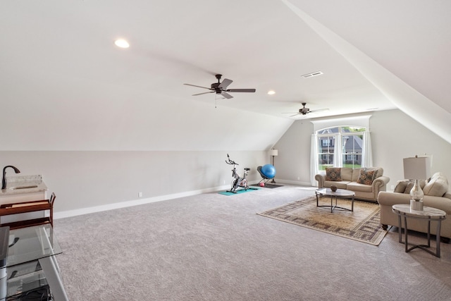 additional living space featuring baseboards, visible vents, lofted ceiling, carpet floors, and recessed lighting