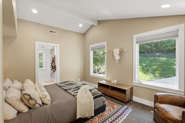 bedroom featuring lofted ceiling with beams, baseboards, visible vents, and recessed lighting