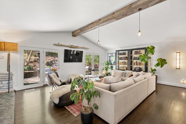 living room with lofted ceiling with beams, wood finished floors, visible vents, baseboards, and french doors