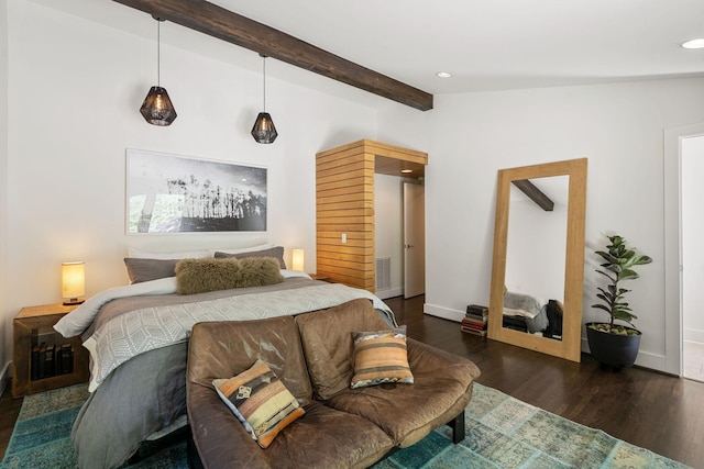 bedroom featuring lofted ceiling with beams, recessed lighting, wood finished floors, visible vents, and baseboards