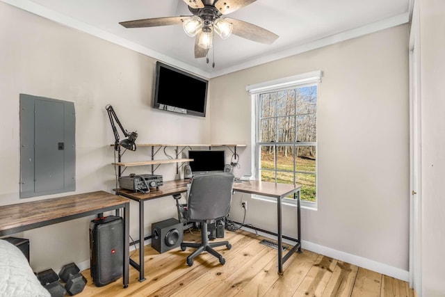 office with ceiling fan, baseboards, ornamental molding, electric panel, and wood-type flooring