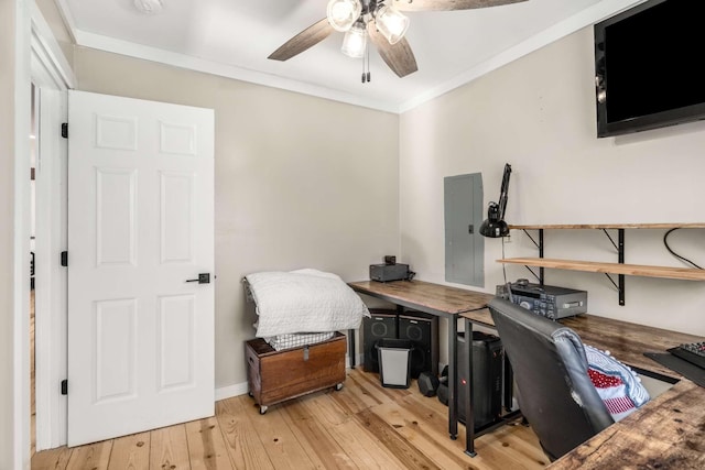 office area with electric panel, baseboards, a ceiling fan, light wood-style flooring, and ornamental molding