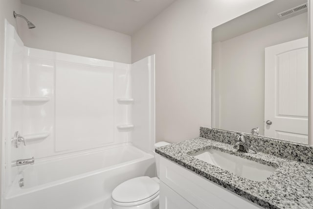 full bathroom with toilet, visible vents,  shower combination, and vanity