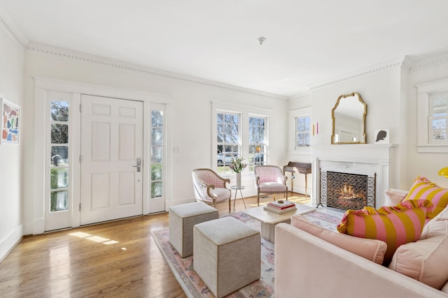 living area with ornamental molding, a premium fireplace, and wood finished floors