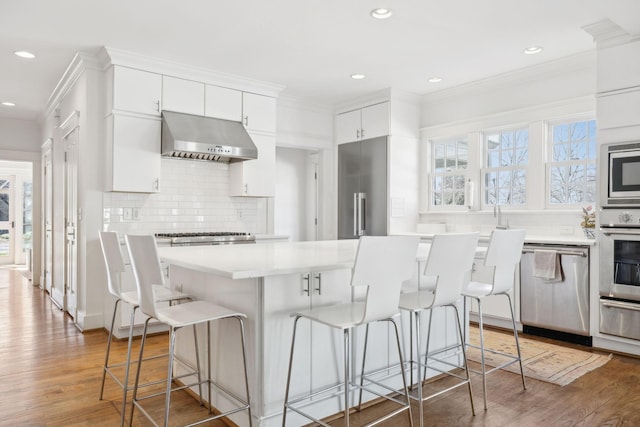 kitchen with light wood finished floors, appliances with stainless steel finishes, ornamental molding, and under cabinet range hood