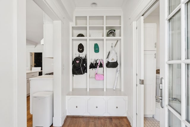 mudroom with ornamental molding and wood finished floors