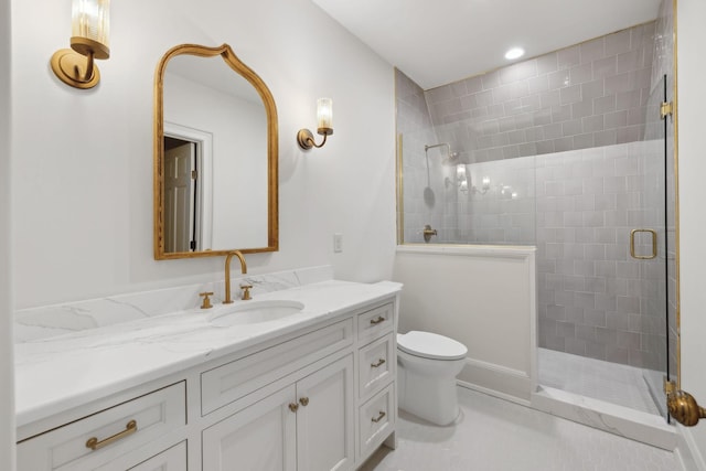 bathroom with tile patterned flooring, toilet, recessed lighting, vanity, and a tile shower