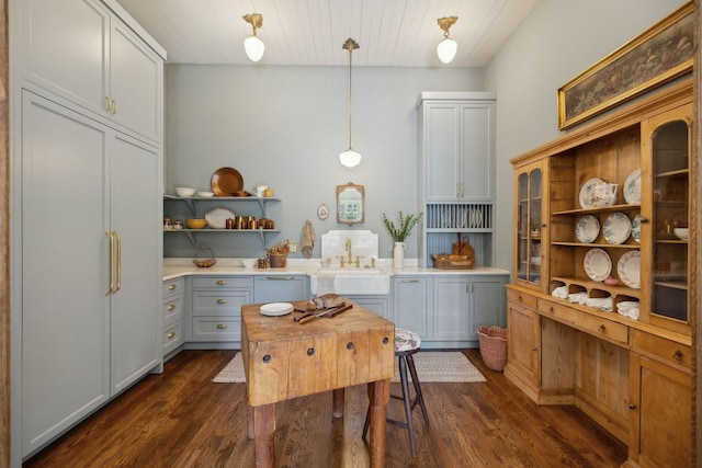 kitchen featuring dark wood-type flooring, paneled refrigerator, light countertops, open shelves, and a sink