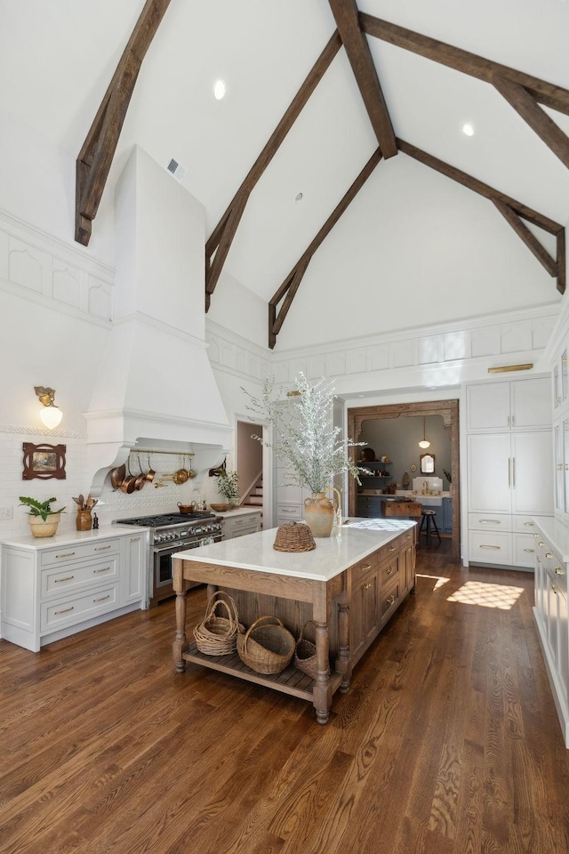 kitchen featuring range with two ovens, light countertops, custom range hood, and dark wood finished floors