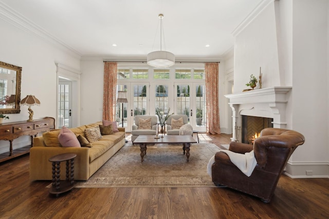 living room featuring a large fireplace, wood finished floors, baseboards, french doors, and crown molding