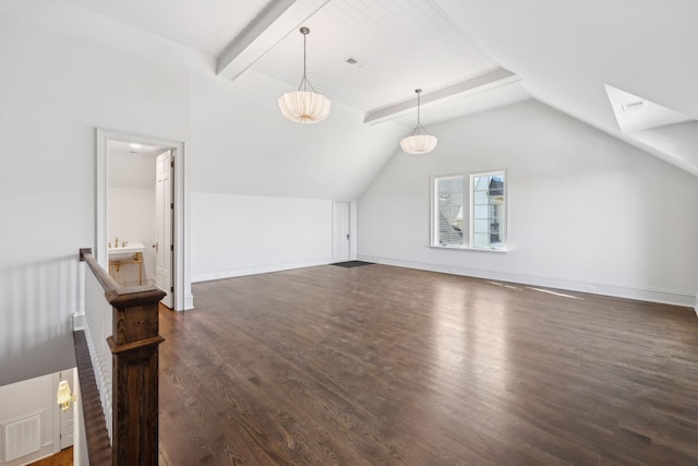 bonus room with vaulted ceiling with beams, wood finished floors, visible vents, and baseboards