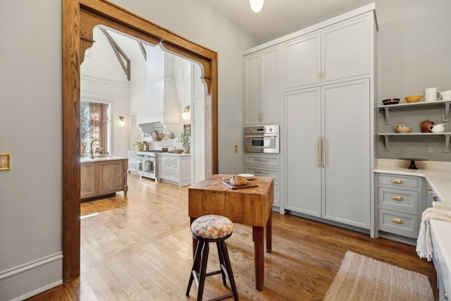 kitchen with a sink, custom range hood, premium appliances, and wood finished floors