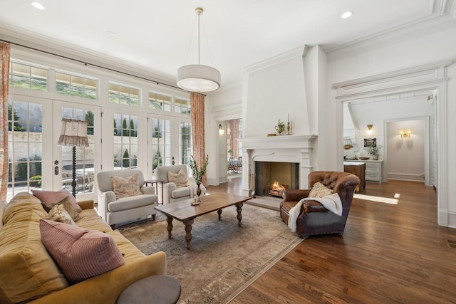 living room featuring ornamental molding, dark wood-style flooring, french doors, and a premium fireplace