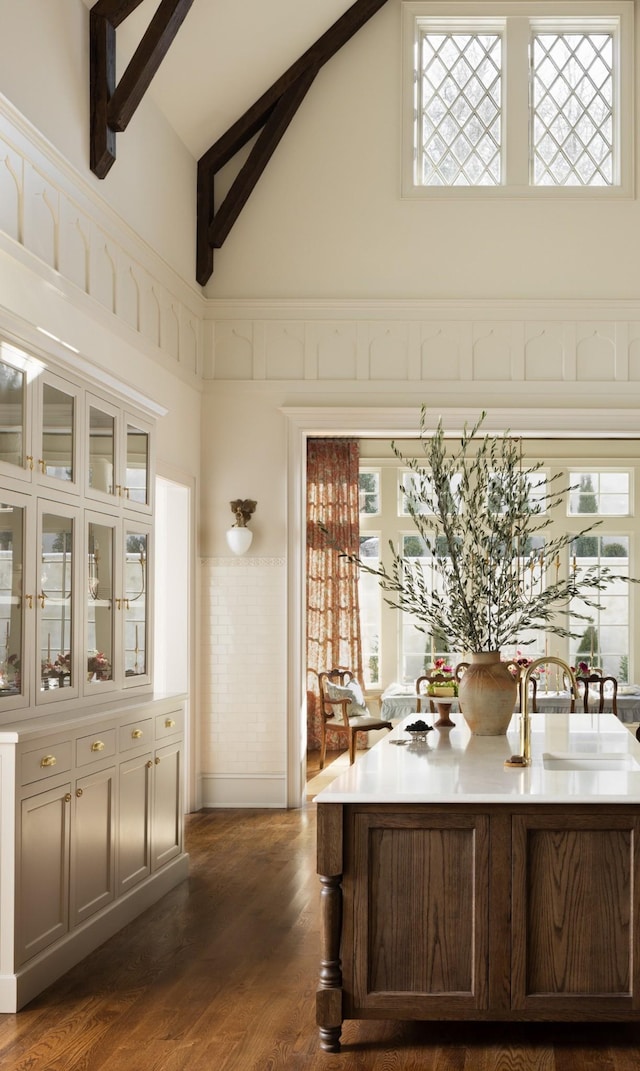 391 The Lady Of The Lake Ln, Franklin, TN 37067 - office featuring high vaulted ceiling, plenty of natural light, beam ceiling, dark wood-style floors, and a sink