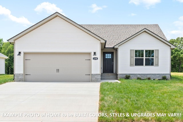 ranch-style house featuring a garage, driveway, and a front lawn