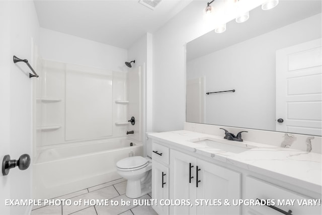 full bathroom featuring visible vents, bathing tub / shower combination, toilet, tile patterned floors, and vanity