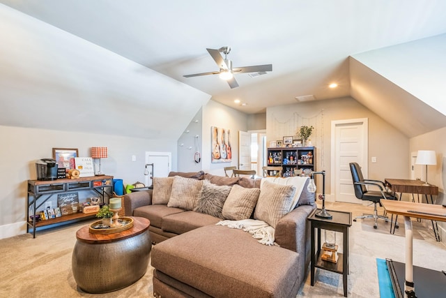 living area featuring recessed lighting, light colored carpet, a ceiling fan, baseboards, and vaulted ceiling